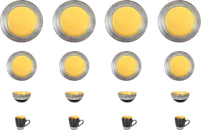 16 Piece Dinnerware Set, Ceramic Plates and Bowls Sets for 4, Microwave and Dishwasher Safe, Handcrafted Tree Bark Series Dish Set, Sunflower/Yellow
