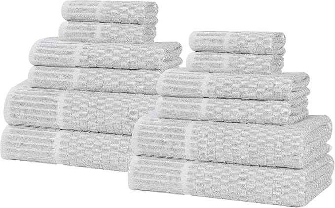 Superior Juno Viscose Cotton Blend Medium Weight Towels, Guest Bath, Bathroom, Shower, Spa, Plush, Quick Dry, Ultra-Soft Towels, Bath Essentials, Border Detail, 12 Piece Assorted Towel Set, Platinum