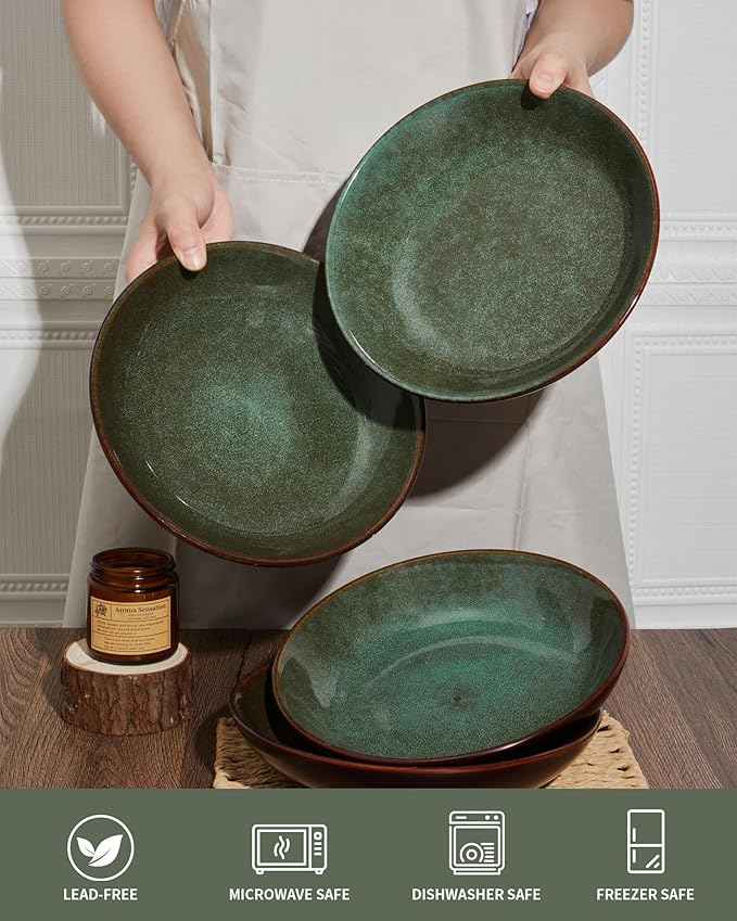 12 Piece Dinnerware Sets with Pasta Bowls, Stain Resistant Dish Set, Easy Cleaning Dishes, Multi-Functional Plate and Bowl Set, Stack Compactly Plates, Service for 4 Sage Green