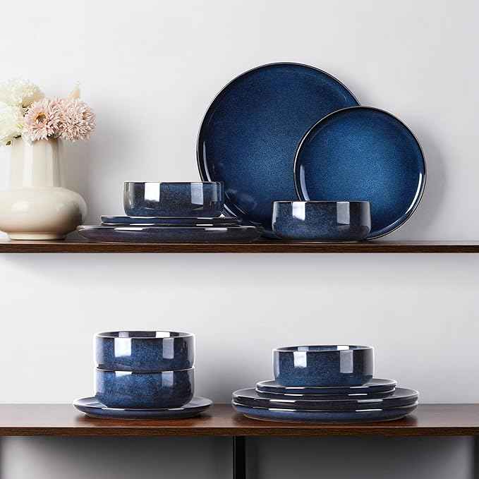 E-far Dinnerware Sets for 8, 24-Piece Stoneware Plates and Bowls Set, Ceramic Dishes Reactive Glaze Dinning Ware, Microwave & Dishwasher Safe - Deep Sea Blue