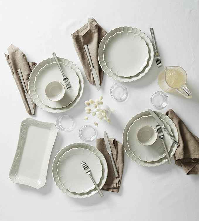 Lenox Stoneware Dinnerware Sets, French Perle Scallop 12-Piece Dinnerware Set for 4, Service For 4, Dishwasher Safe Dishware, White Dishes Set, Stoneware Dinner Plates and Bowls Sets (White, 12 Piece)