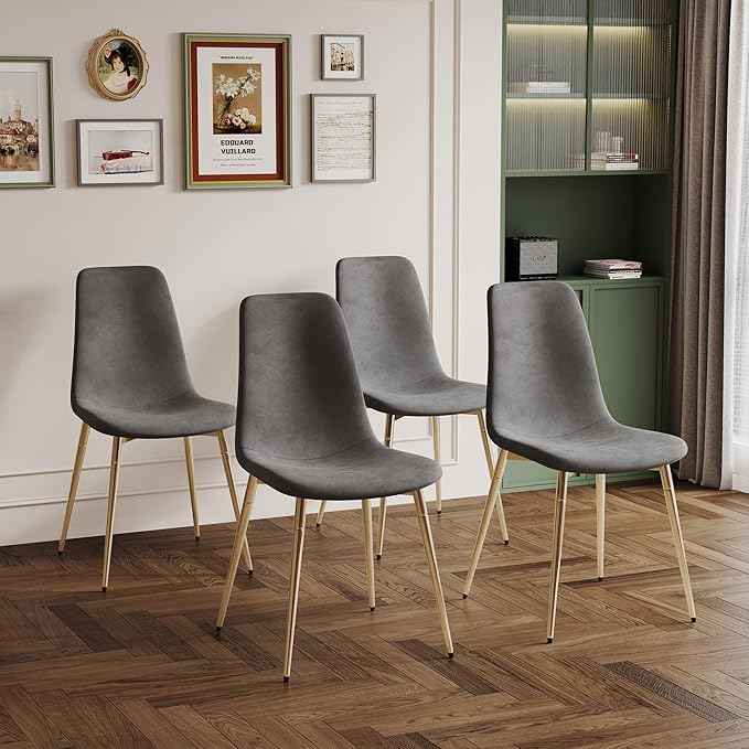 AF ARTISAN FURNITURE 36" Square Glass Dining Table Set for 4, 5-Piece Modern Kitchen Table with 4 Grey Velvet Chairs, Modern Circle Leisure Table for Home Office Dining Room Small Spaces (Gold Leg)