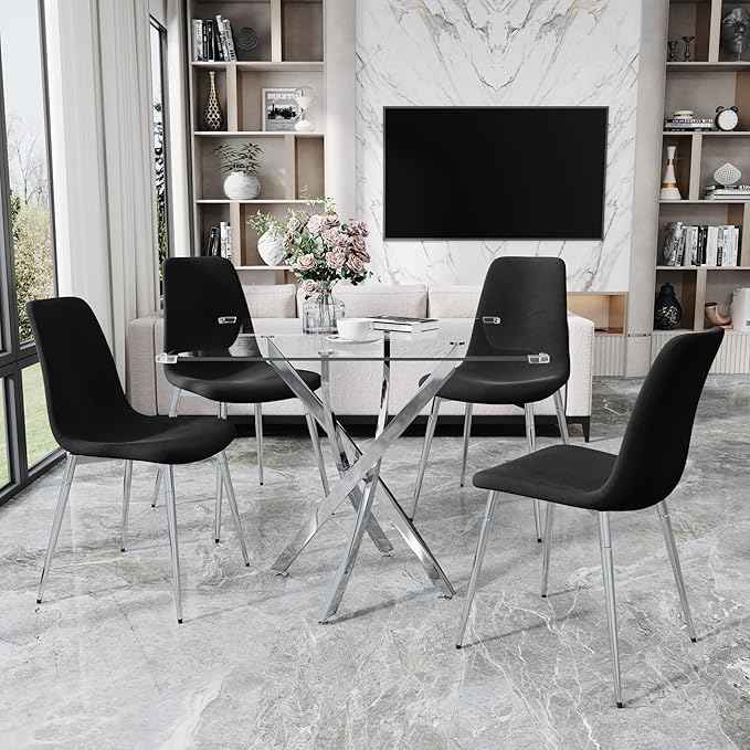 36" Square Glass Dining Table Set for 4, 5-Piece Modern Kitchen Table with 4 Black Velvet Chairs, Modern Circle Leisure Table for Home Office Dining Room Small Spaces (Silver Leg)