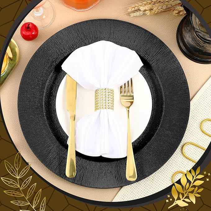 Tanlade 50 Pcs Charger Plates Bulk, 13 Inch Plastic Round Charger Dinner Plates Elegant Wedding Serving Plate for Event Tabletop Wedding Party Bridal Baby Shower Decor (Black)