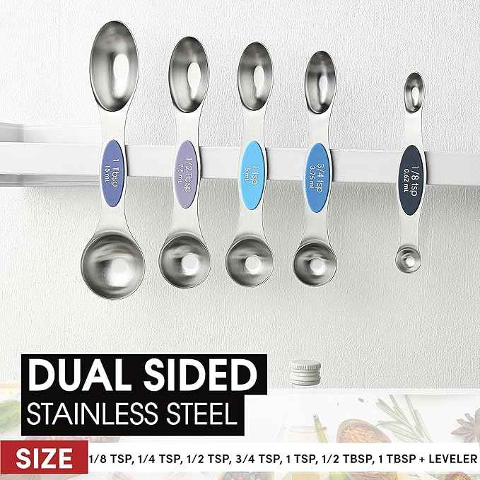Spring Chef Stainless Steel Magnetic Measuring Spoons Set of 8 with Leveler, Dual Sided Metal Teaspoon & Tablespoon Measuring Spoons, Nesting Kitchen Gadgets for Baking & Cooking - Winter Frost