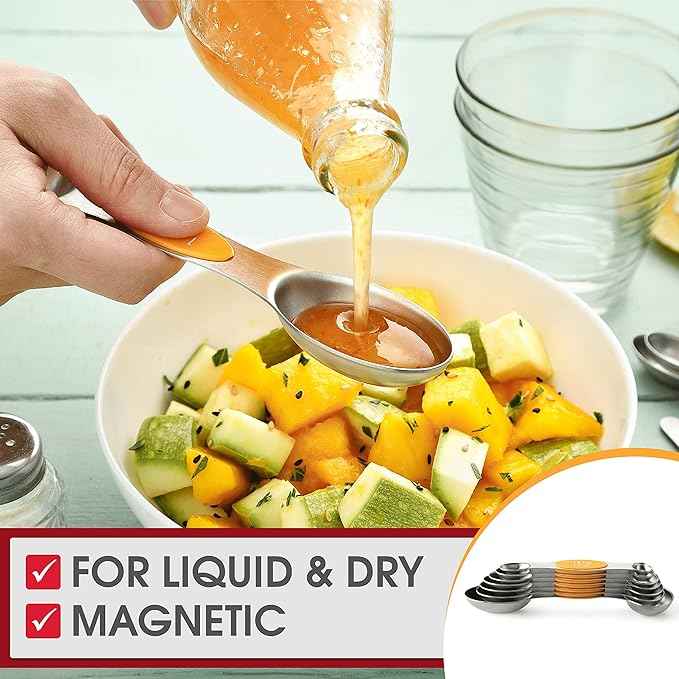 Spring Chef Stainless Steel Magnetic Measuring Spoons Set of 8 with Leveler, Dual Sided Metal Teaspoon & Tablespoon Measuring Spoons, Kitchen Gadgets for Baking & Cooking, Fits in Spice Jars - Mango