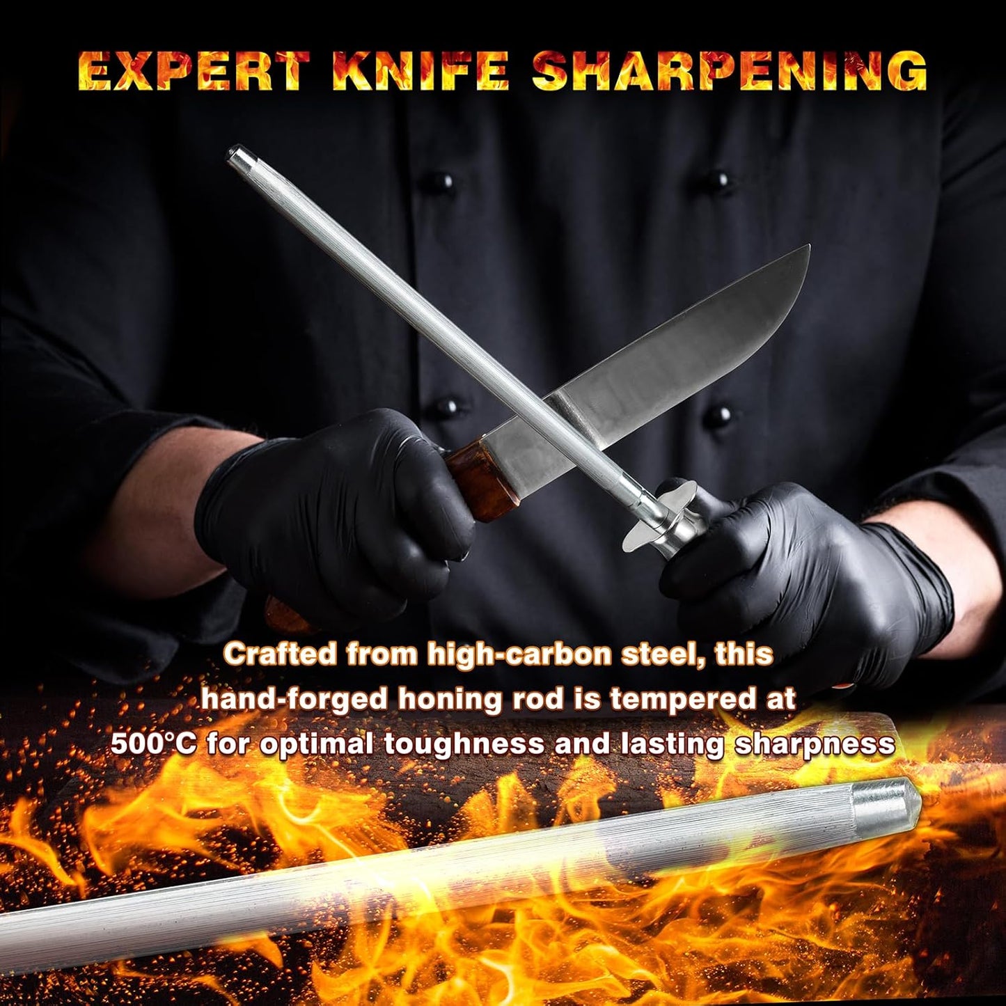 Knife Sharpener Rod, Kitchen Knives Sharpener Carbon Steel Professional Knife Sharpening Steel, Honing Rod with Hanging Holes (13 inches), B