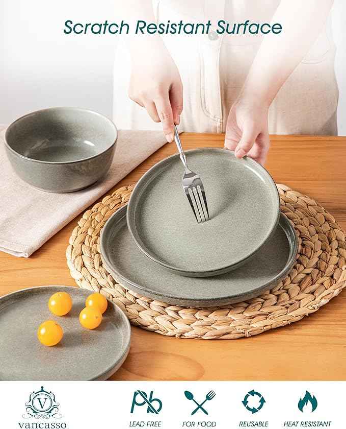 vancasso ANYA 24 Pieces Plates and Bowls Set, Stone Grey Dinnerware Sets, Reactive Glaze Dishes Set for 8, Ceramic Dishware Sets Kitchen Dinner Set, Microwave & Dishwasher Safe