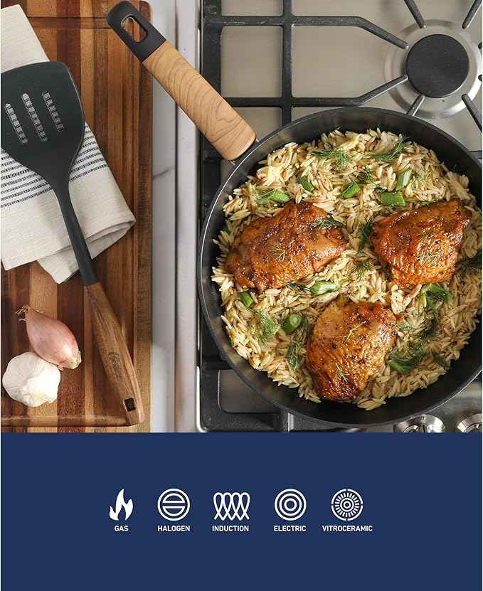 Oster Platinum Oxburg 12 Inch Frying Pan Forged Aluminum PFA Free Non-toxic Premium Ceramic Non Stick Interior Skillet, Kitchen Egg Pan, Omelet Pan - Black w/Wood Handles