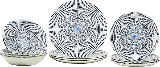 Tudor Royal Collection 12-Piece Round Dinnerware Set, Service for 4, Singapore Design, Blue Spiral, Plates Bowls Dishes, High-Gloss Premium Quality