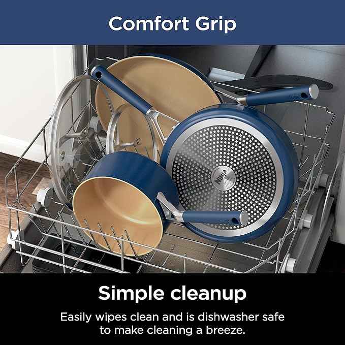 Ninja Ceramic Cookware Set, Extended Life 11-Piece Kitchen Cookware Sets with Comfort Grip, Nonstick Fry Pans, Pots, PTFE Free, Oven & Dishwasher Safe, Stovetop Compatible, Navy Blue, CW49011