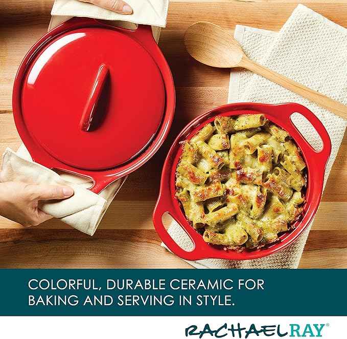 Rachael Ray Solid Glaze Ceramics Casserole Bakers/Baking Dish with Shared Lid Set, 3 Piece, Red