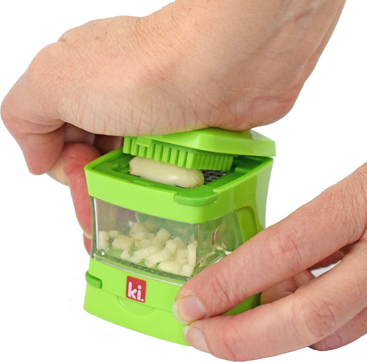 Garlic-A-Peel Garlic Press, Crusher, Cutter, Mincer, and Storage Container - Includes Silicone Garlic Peeler - Easy to Clean - Stainless Steel Blades – (Green), standard - HomeSpice