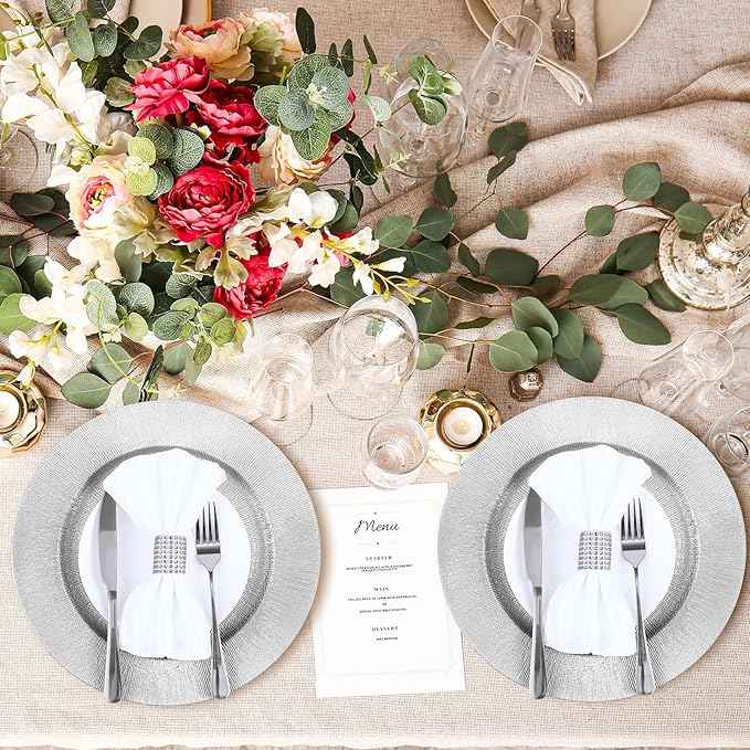 Tanlade 100 Pcs Silver Charger Plates Bulk, 13" Round Plastic Dinner Charger Plate, Shiny Silver Table Chargers Serving Plate Catering Tabletop for Thanksgiving Halloween Christmas Wedding Party Decor