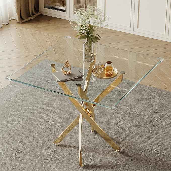 AF ARTISAN FURNITURE Square Glass Dining Table for 4, 36'' Modern Kitchen Table with Tempered Glass Top, Dining Table for Office Kitchen Living Meeting Room Small Space, Golden