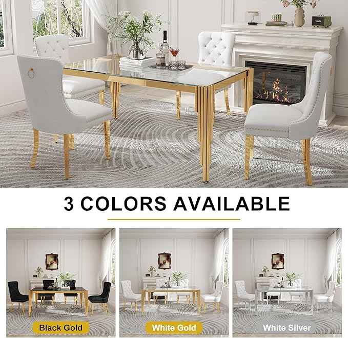 51'' Modern Glass Dining Table for 4 People,Tempered Glass Top Dining Room Table with Stainless Steel Base, Glass and Gold Dining Table for 4, Rectangle Dining Kitchen Table for Dinner