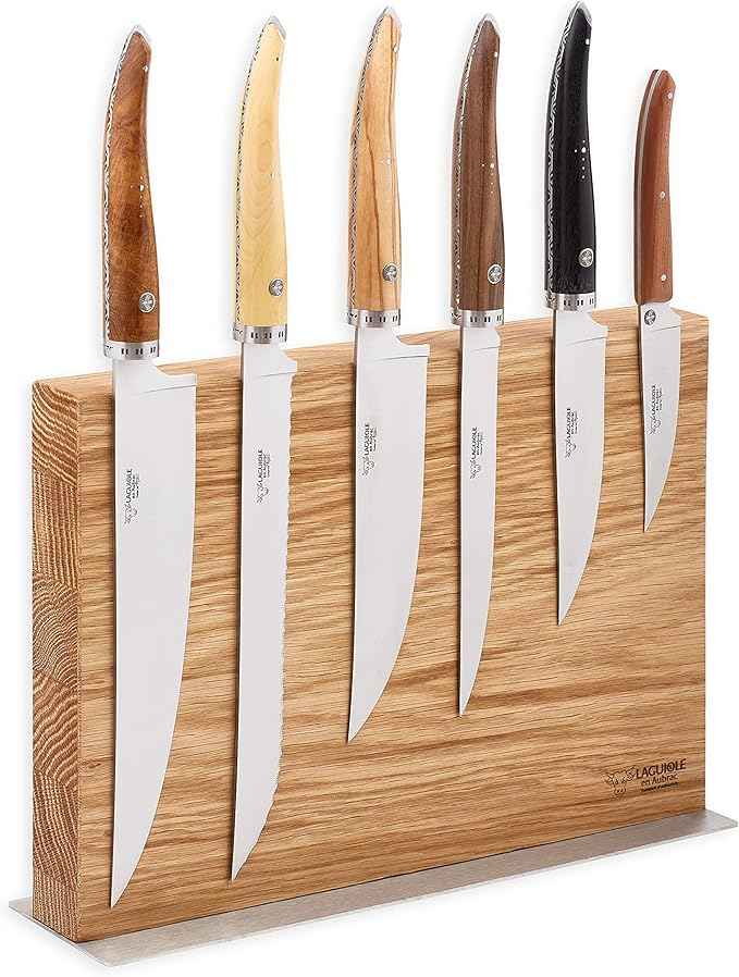 Laguiole en Aubrac Cuisine Gourmet Stainless Fully Forged Steel Made In France Complete 7 Piece Premium Kitchen Knife Magnetic Block Set With Mixed Wood Handles