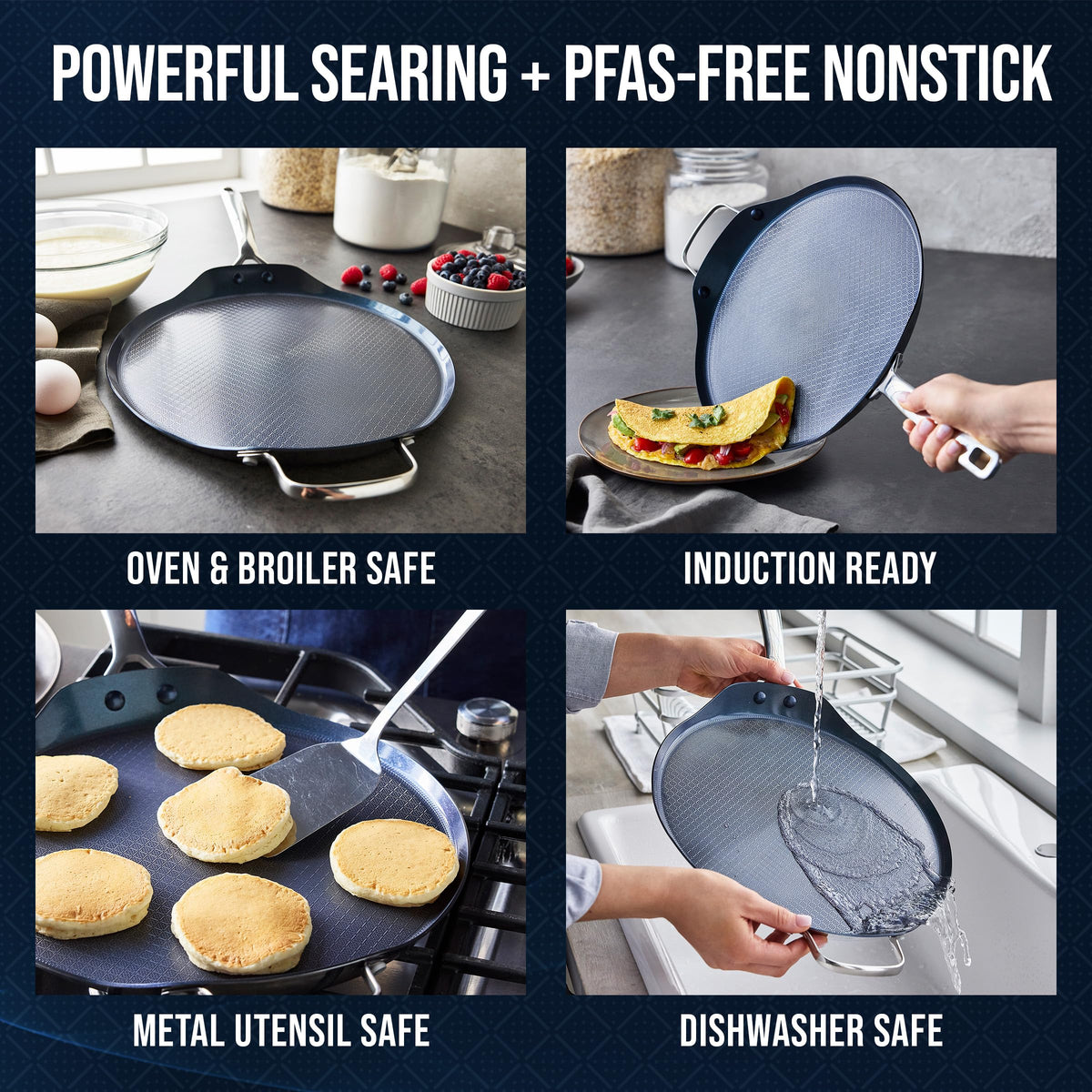Hybrid 12" Stainless Steel Nonstick XL Griddle Pan (12" Griddle Pan / Blue)