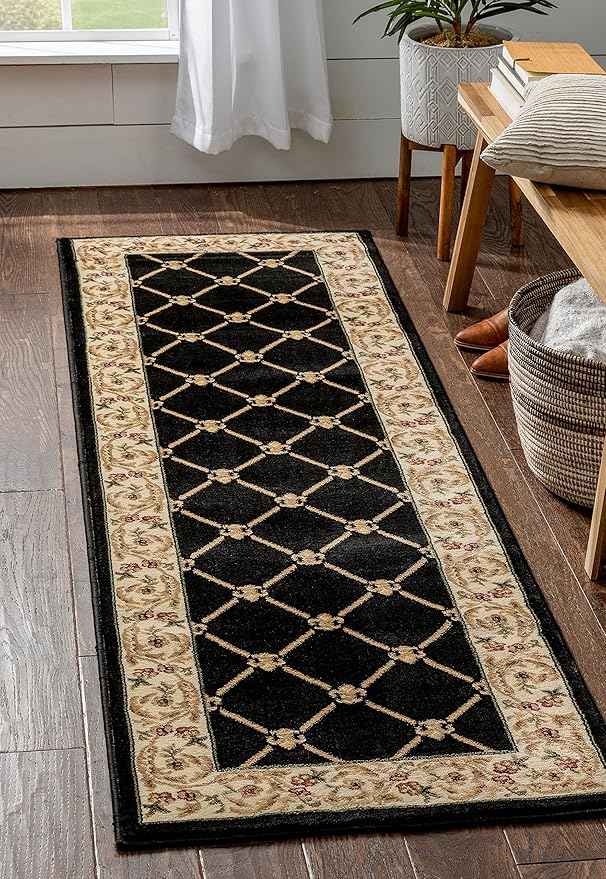 Patrician Trellis Black French European Formal Traditional 3x12 (2'7" x 12') Runner Rug Stain/Fade Resistant Contemporary Floral Thick Soft Plush Hallway Entryway Living Dining Room Area Rug