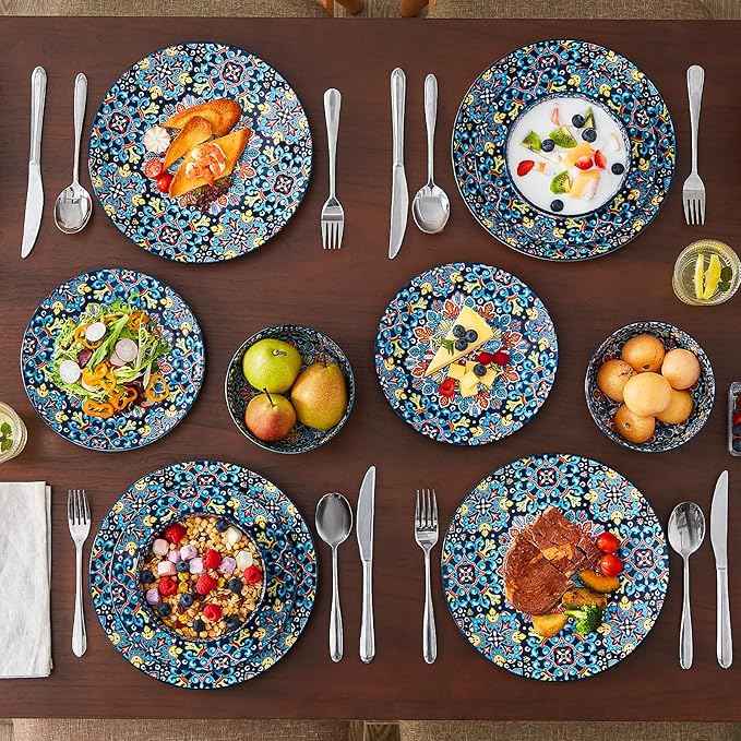 vancasso 12 Pieces Dinnerware Sets, Red Plates and Bowls Set, Porcelain Dishes Set for 4, Microwave and Dishwasher Safe, Scratch Resistant, Bohemian Style Dining Ware Service for 4, Series SIMI