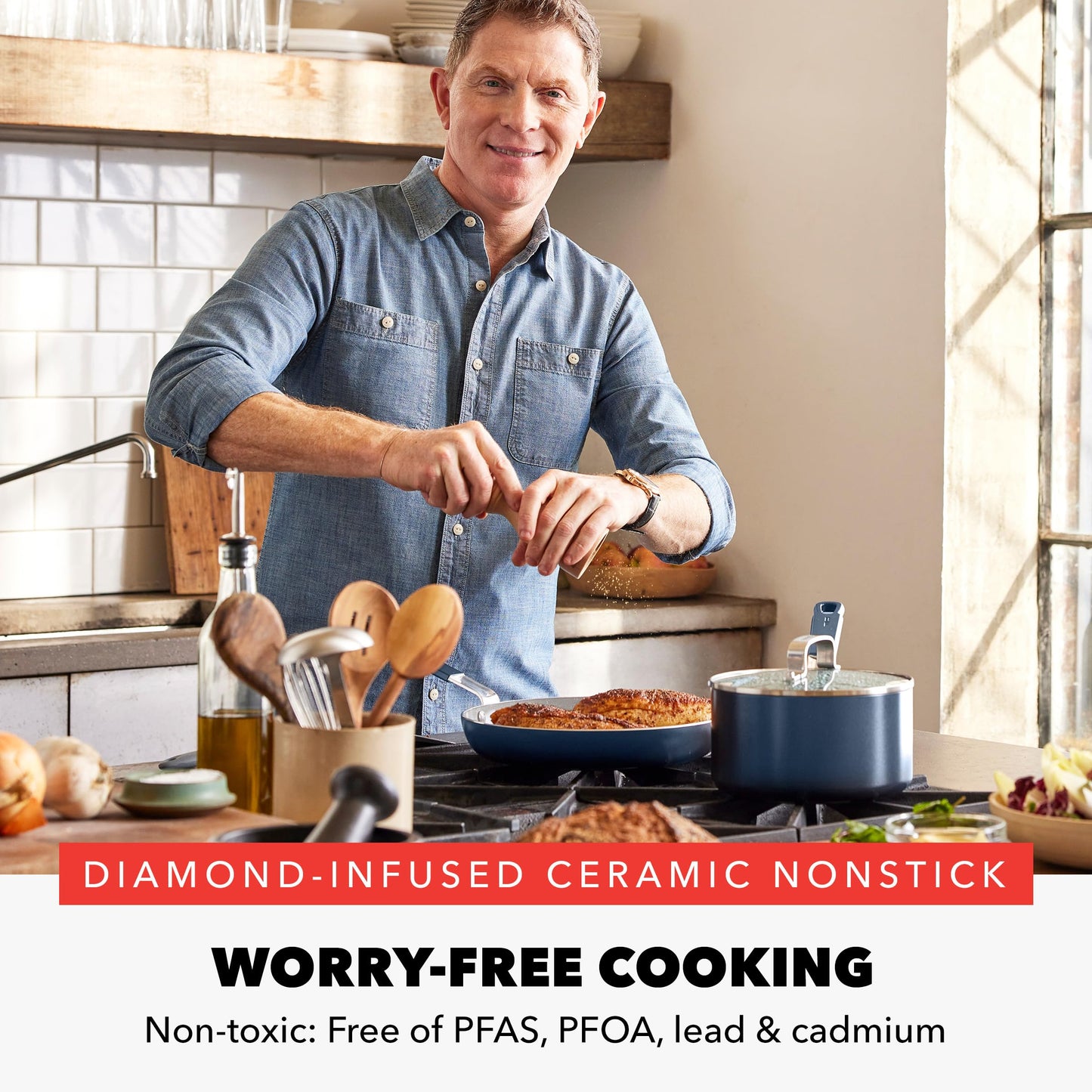 X Bobby Flay 10 Piece Ceramic Nonstick Cookware Set (10 Piece Cookware Set / Navy Blue)