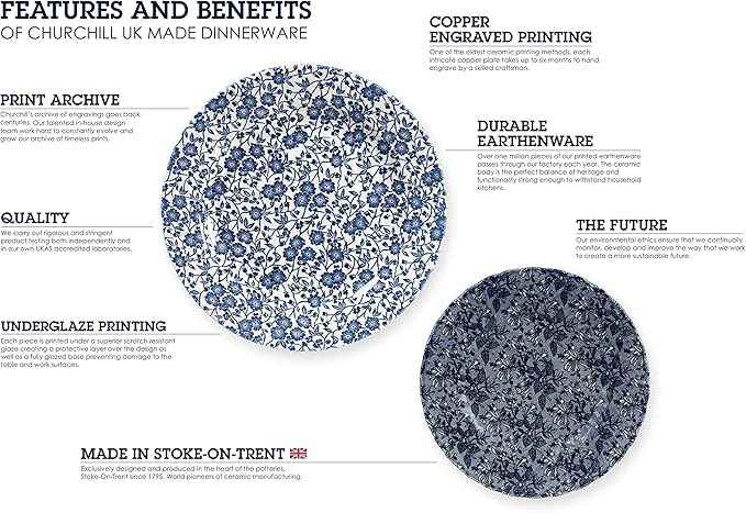 Churchill Blue Willow Dinner Plates, Salad Plates and Coupe Bowls 12 Piece Dinnerware Set, Made In England