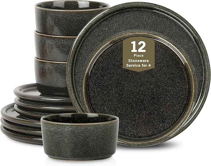 Stone Lain Eden 12-Piece Dinnerware Set Stoneware, Plates and Bowls Set, Dishwasher and Microwave Safe Dish, Dish Set for 4, Charcoal Grey