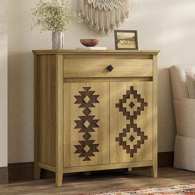 Sideboard Buffet Cabinet Set of 2 with Power Outlet, Wood Coffee Bar Cabinet with Drawer and Adjustable Shelf, Modern Accent Storage for Kitchen, Entryway, Living Room, Natural