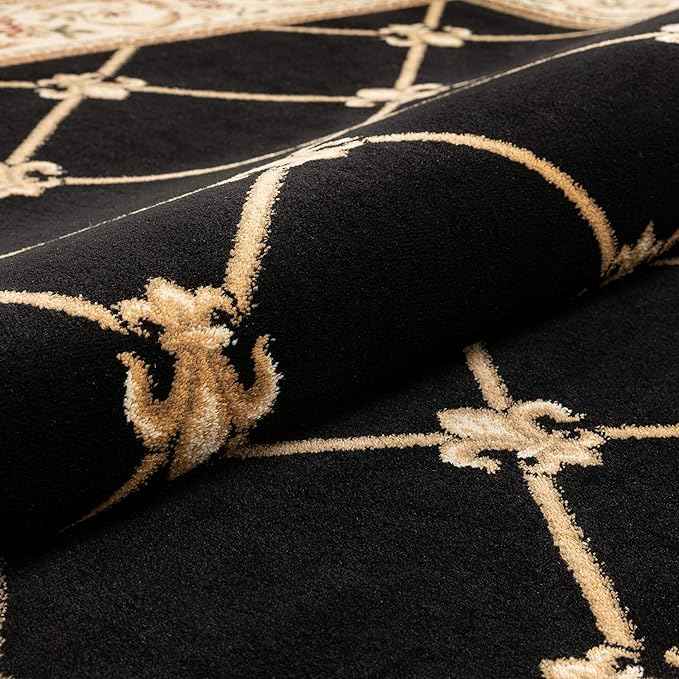 Well Woven Timeless Collection Fleur De Lis Black 5' Foot Round Luxurious Traditional French Aubusson Oriental Area Rug Perfect for Living Room Bedroom or Dining Room Easy-to-Clean Durable Design