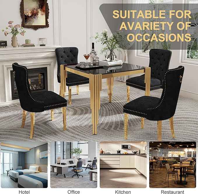 35'' Modern Square Glass Dining Table for 4 People,Black Tempered Glass Top Dining Room Table with Stainless Steel Base, Glass and Gold Dining Table for 4, Rectangle Dining Kitchen Table for Dinner