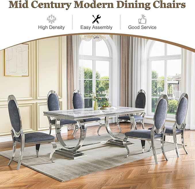 Modern Dining Chairs Set of 2, Luxury Velvet Upholstered Armless Dining Room Chair with Mirrored Stainless Steel Silver Legs, Mid Century Accent for Wedding Party Banquet Reception, Grey