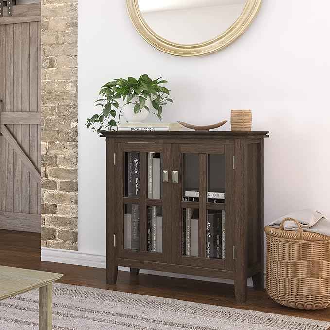 SIMPLIHOME Artisan SOLID WOOD 30 Inch Wide Contemporary Low Storage Cabinet in Farmhouse Brown, For the Living Room, Entryway and Family Room