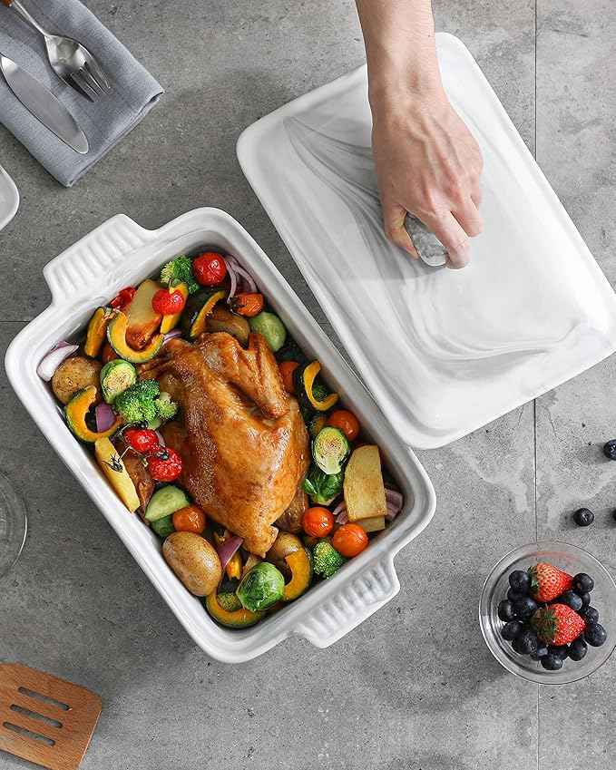 MALACASA Casserole Dish With Lid, 3.4 Quart Baking Dish With Lid, Lasagna Pan Deep Ceramic Bakeware Covered Casserole Dish, Microwave, Oven Safe, Series BAKE-GREY