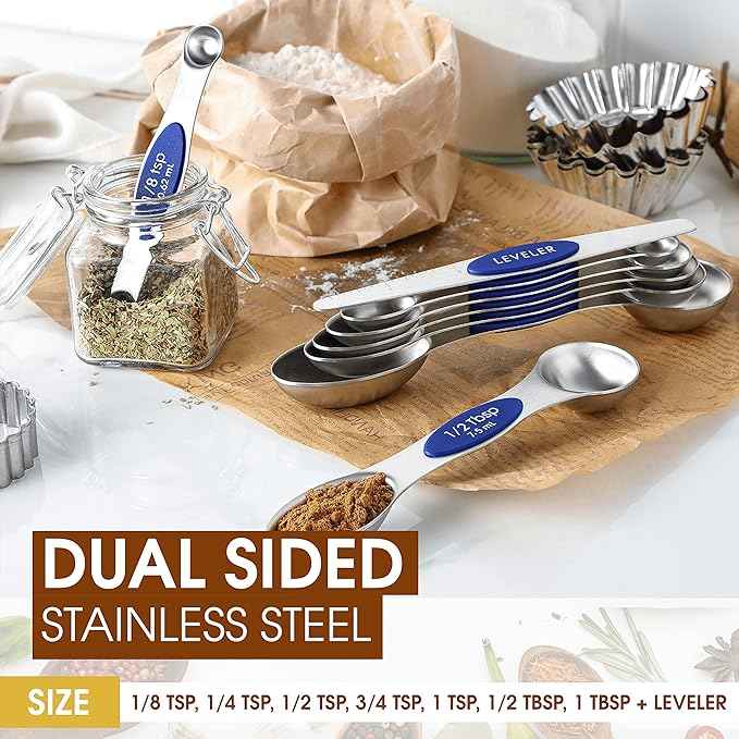 Spring Chef Stainless Steel Magnetic Measuring Spoons Set of 8 with Leveler, Heavy Duty Teaspoon & Tablespoon Measuring Spoons With Strong N45 Magnets, Kitchen Gadgets for Baking & Cooking - Sapphire