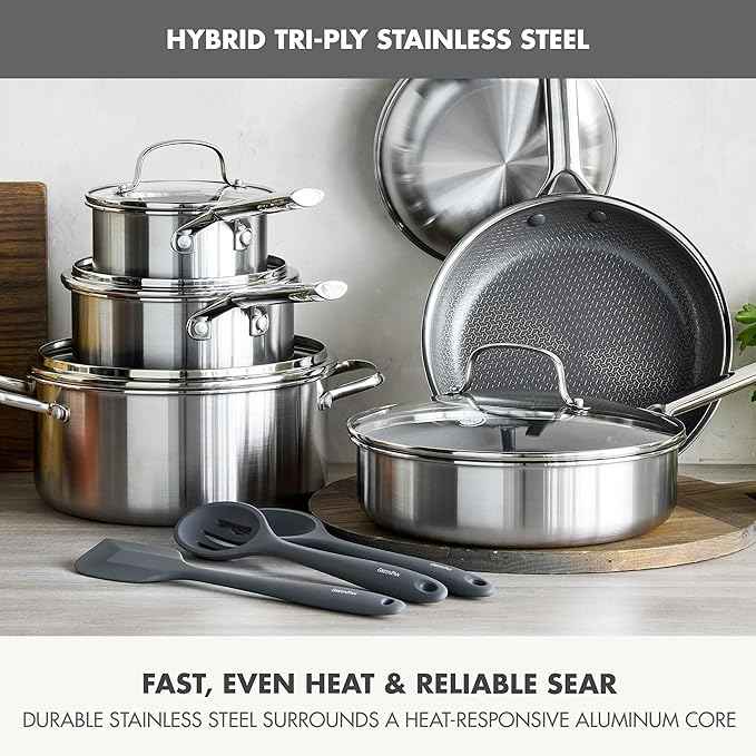 GreenPan Hybrid 13 Piece Nonstick Stainless Steel Cookware Set, APEX Tri-Ply Thermobond PFAS-Free Ceramic Pots & Pans, Induction & All Cooktop Compatible, Oven Temp to 850°F, Dishwasher Safe, Silver