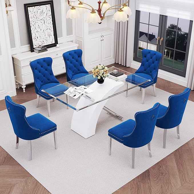 7 Piece Glass Dining Table Set for 6, 63" Modern Kitchen Table with 6 Blue Velvet Chairs, Tempered Glass Tabletop with White X-Shaped MDF Base, Modern Dining Room Set for Kitchen and Dining Room