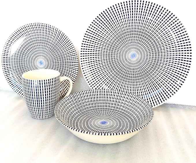 TUDOR ROYAL Porcelain 16-Piece Round Dinnerware Set, Service for 4, Singapore Blue Design, Blue Radial, Plates Bowls Mugs Dishes, Premium Quality Ceramic Tableware, Unique Pattern, Glossy