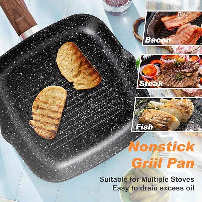 DishDelight 17 Piece Pots and Pans Set Non Stick, Nonstick Induction Granite Kitchen Cookware Set, Non Toxic Cookware Set with Frying Pans and Saucepan, Cooking Sets Pots and Pans, Black