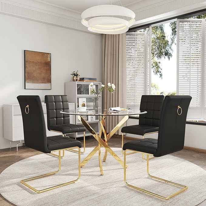 AF ARTISAN FURNITURE 5 Piece Round Glass Dining Table Set, Gold Glass Kitchen Table Set for 4 Modern Table Set with 4 Black PU Upholstered Dining Chairs, for Small Space, Breakfast Nook