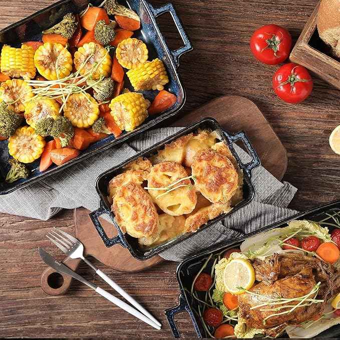VICRAYS Ceramic Bakeware Set, Porcelain Rectangular Lasagna Pans Casserole Dish Set for Baking, Cooking, Kitchen, Cake Dinner, Banquet and Daily Use, 3 PCS, 15 x 8.5 Inches(Blue)