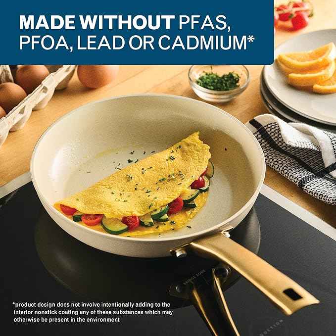 Farberware Forged Induction Ceramic Nonstick Pots and Pans Set with Cooking Tools, Dishwasher Safe, Gold Color Stainless Steel Handles, 12 Piece Cookware Set - Taupe