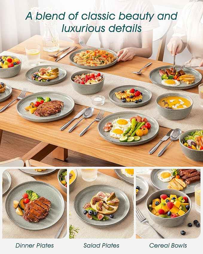 vancasso ANYA 18 Pieces Plates and Bowls Set, Stone Grey Dinnerware Sets, Reactive Glaze Dishes Set for 6, Ceramic Dishware Sets Kitchen Dinner Set, Microwave & Dishwasher Safe