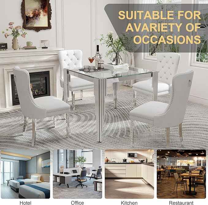 35'' Modern Square Glass Dining Table for 4 People,Tempered Glass Top Dining Room Table with Stainless Steel Base, Glass and Silver Dining Table for 4, Rectangle Dining Kitchen Table for Dinner