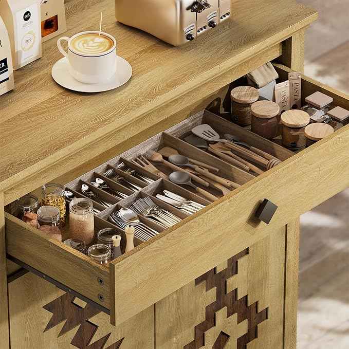 Sideboard Buffet Cabinet Set of 2 with Power Outlet, Wood Coffee Bar Cabinet with Drawer and Adjustable Shelf, Modern Accent Storage for Kitchen, Entryway, Living Room, Natural