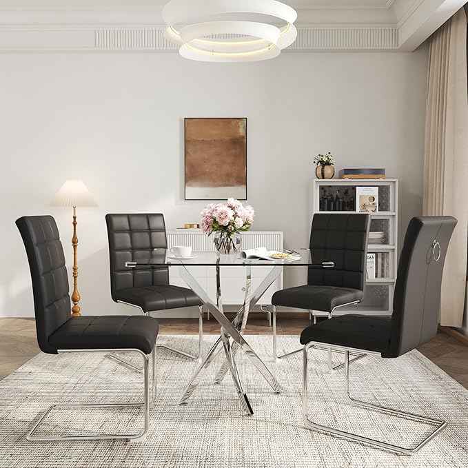 AF ARTISAN FURNITURE 5 Piece Square Glass Dining Table Set, Silver Glass Kitchen Table Set for 4 Modern Table Set with 4 Black PU Upholstered Dining Chairs, for Small Space, Breakfast Nook
