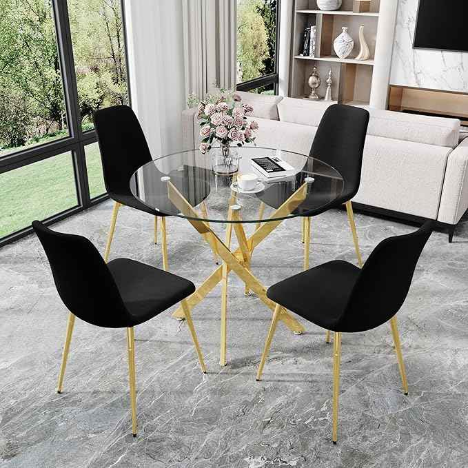 AF ARTISAN FURNITURE 36" Round Glass Dining Table Set for 4, 5-Piece Modern Kitchen Table with 4 Black Velvet Chairs, Modern Circle Leisure Table for Home Office Dining Room Small Spaces (Gold Leg)