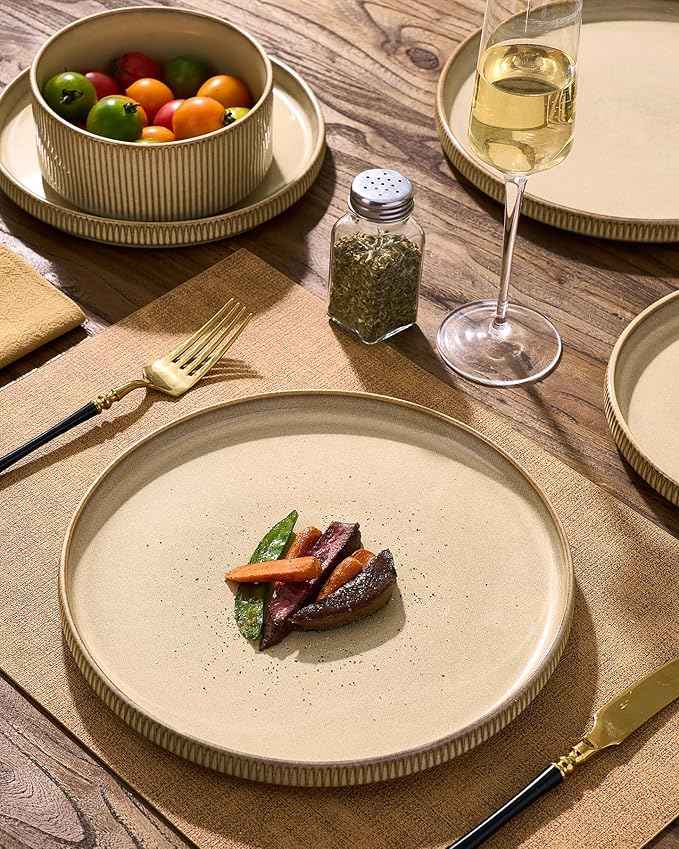 24-Piece Dinnerware Set Service for 8, Famiware Premium Stoneware Dish Set with Ribbed Plates and Deep Bowls, Double Reactive Glaze, Chip & Scratch Resistant, Microwave & Dishwasher Safe, Cream