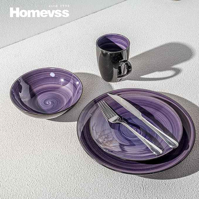 Stoneware Sonoma 56pc Dinnerware Set, Black + Speckled Spin Wash Purple