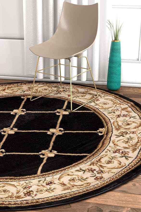 Well Woven Timeless Collection Fleur De Lis Black 5' Foot Round Luxurious Traditional French Aubusson Oriental Area Rug Perfect for Living Room Bedroom or Dining Room Easy-to-Clean Durable Design