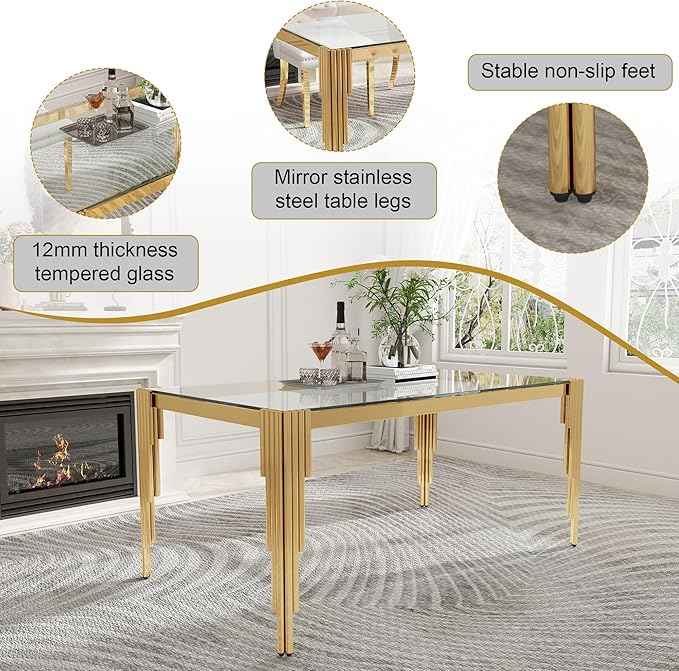 63'' Modern Glass Dining Table for 4-6 People,Tempered Glass Top Dining Room Table with Stainless Steel Base, Glass and Gold Dining Table for 6, Rectangle Dining Kitchen Table for Dinner